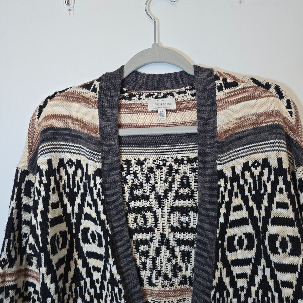 Lucky Brand Southwestern Aztec Knit Tan Brown Open Front Cardigan Size S Cotton - Picture 2 of 9